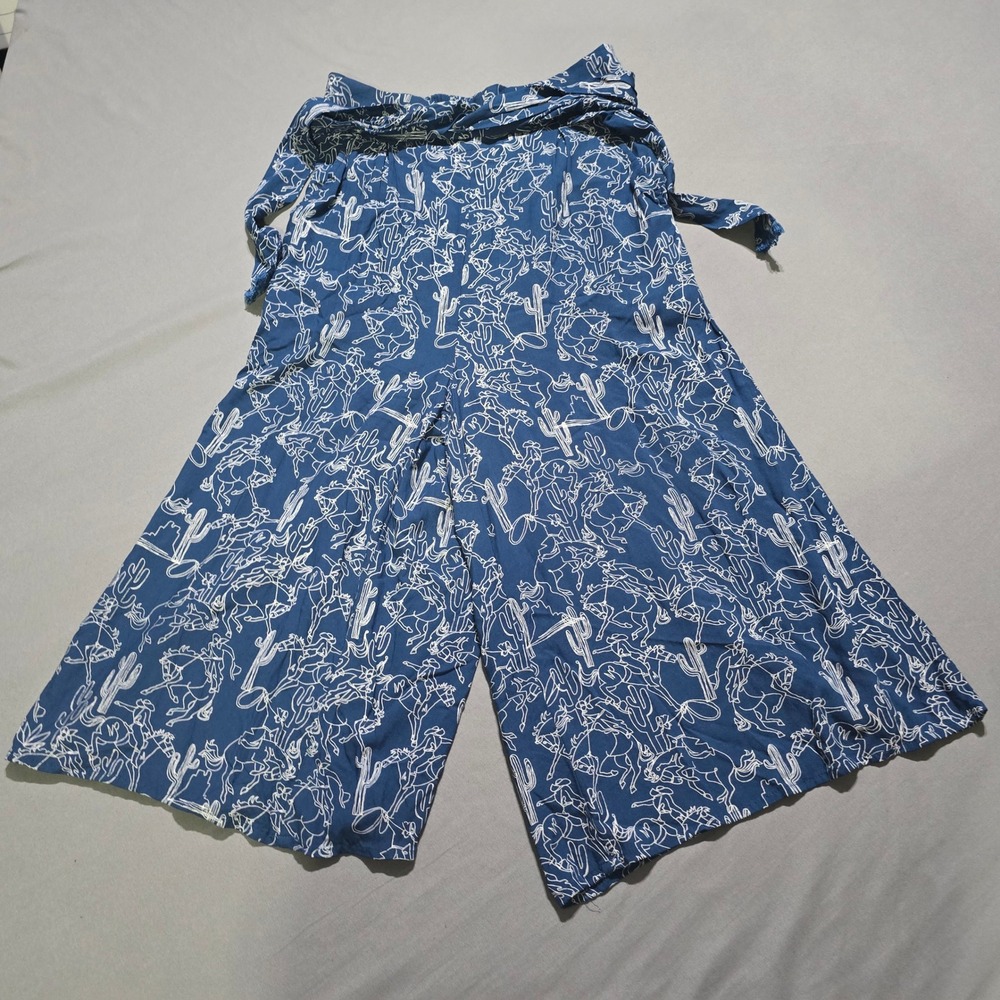 Ariat Wide Leg Pants Womens Medium Blue Western Cactus Horse Print Smocked Waist
